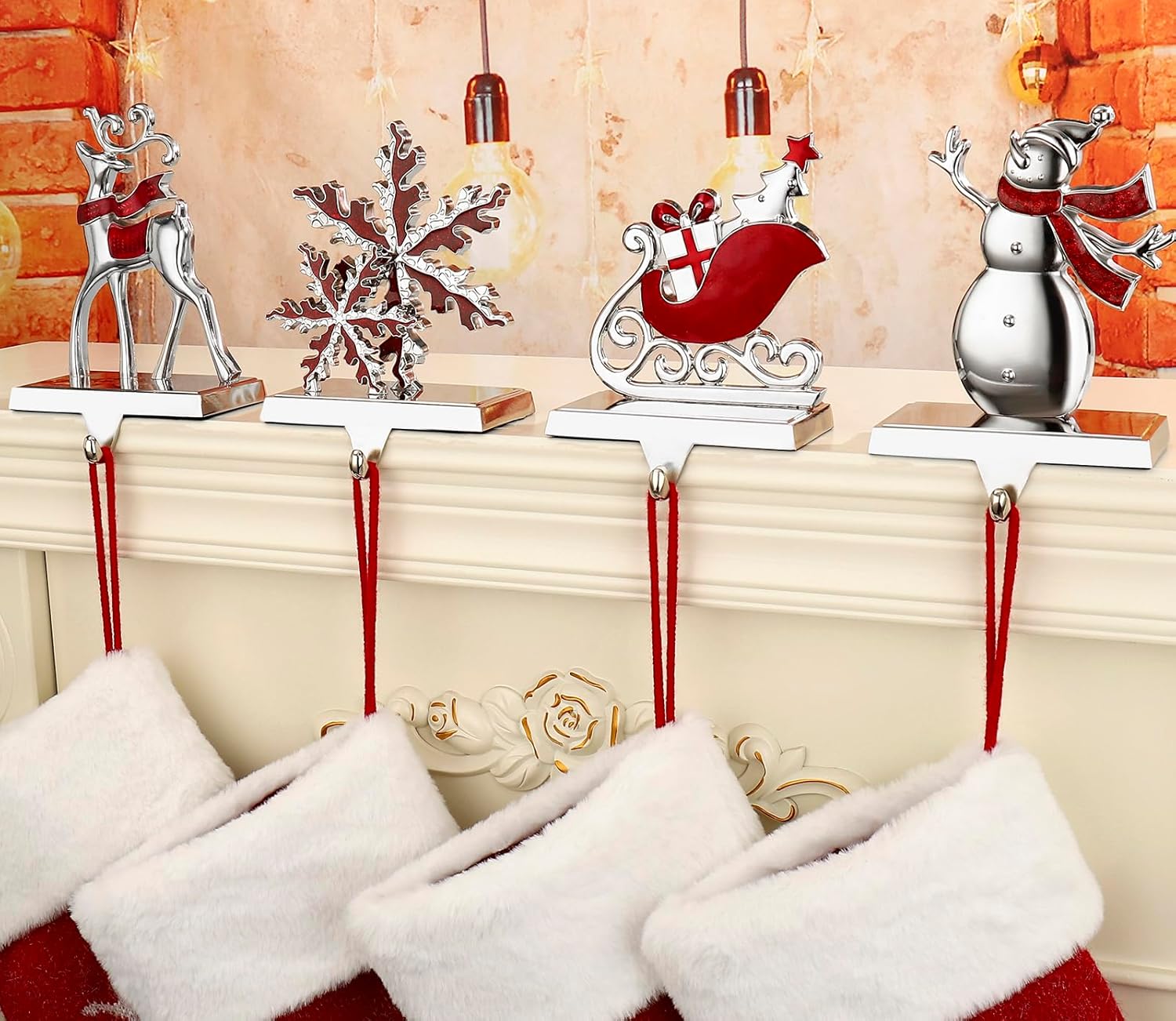 Set of 4 Christmas Stocking Holder for Mantel - Deer Sleigh Snowman Snowflake Christmas Stocking Holders for Fireplace- Stocking Hanger for Mantel Stocking Hooks for Christmas Decoration (Silver)