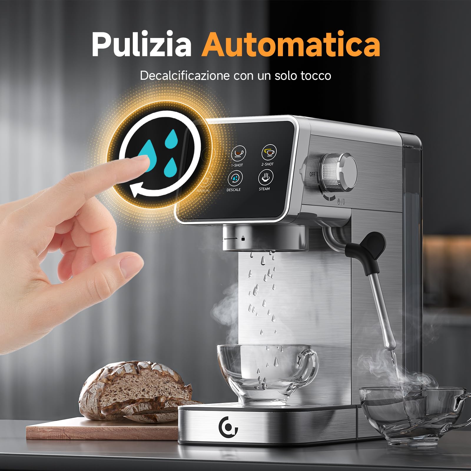 AMZCHEF Macchina Caffè Espresso 20 Bar in Acciaio Inox con Touchscreen LED, Macchina Espresso con Funzione Autopulizia e Lancia Vapore, Compatta per Cappuccino e Latte, Ideale per Casa e Ufficio