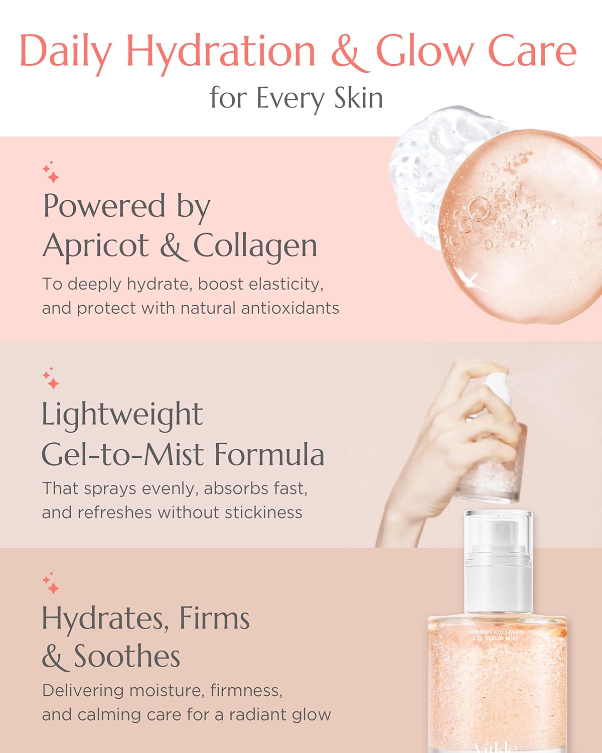 Apricot Collagen Gel Serum Mist - Korean Face Moisturizer French Patented with 8-Layer Hyaluronic Acid, Bakuchiol, Adenosine for Hydration Glow Firming Anti-Aging Spray, 3.38 fl.oz. - Image 4