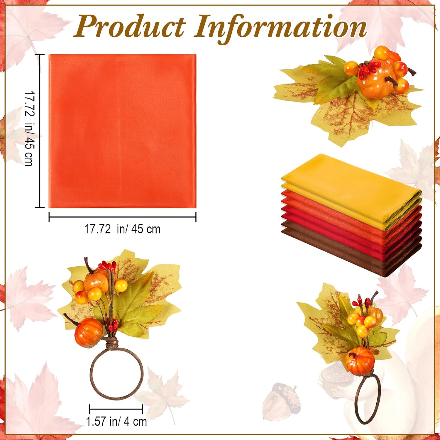 8 Sets Fall Thanksgiving Napkin Ring Holders and Fall Cloth Napkins Reusable Pumpkin Maple Leaf Napkin Ring with Autumn Cloth Napkins for Dinner Party Table Decoration(Harvest)