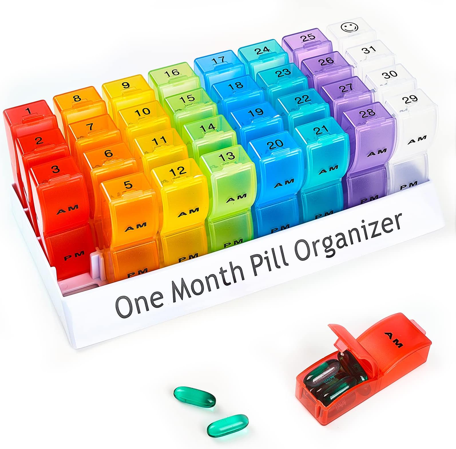 PuTwo Pill Box 31 Days Monthly Pill Organizer AM PM Pill Organizer 2 Times A Day Medicine Organizer with White Base Detachable & Portable Medicine Box for Advil Aspirin Fish Oil Vitamin - Multicolored