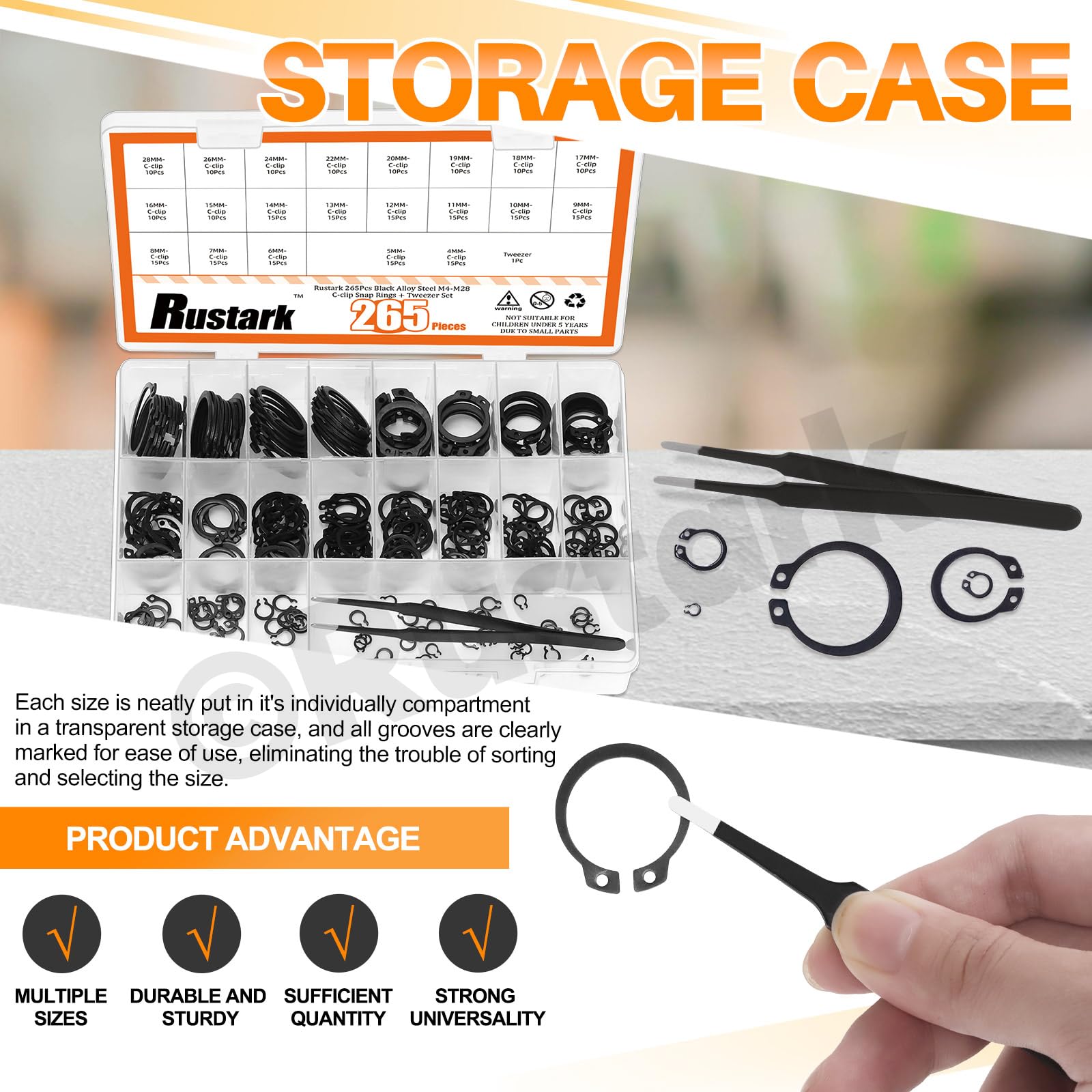 Rustark 266Pcs 21 Sizes Black External Snap Rings Assortment Kit with Tweezers Alloy Steel External Retaining Rings Circlip Snap Retaining Clip Rings C-Clips Snap Ring Set for Axle Shaft Parts - Image 4