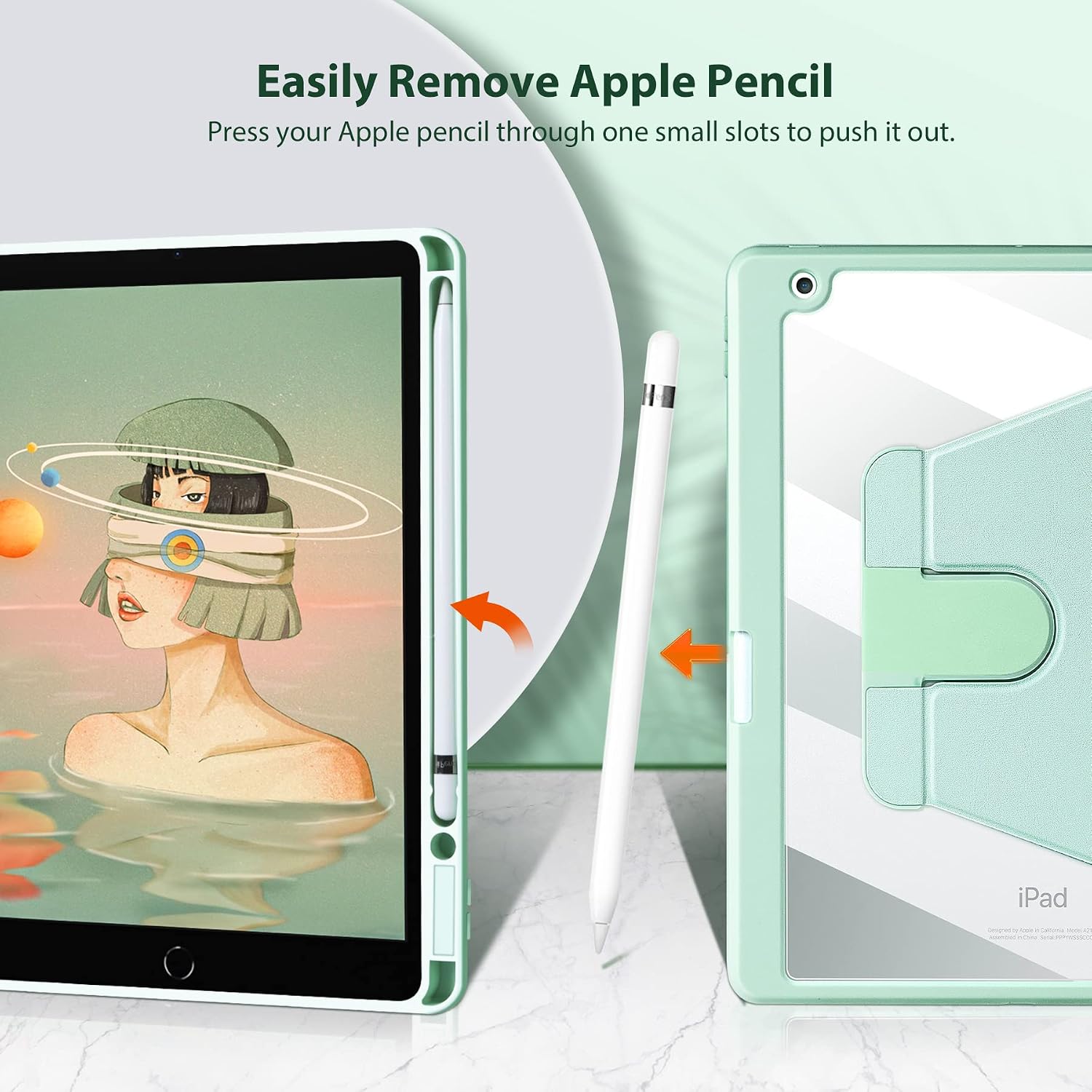 Ztotop Rotating case for iPad 10.2 Inch, 360 Degree Rotating & Pencil Holder & Clear Transparent Back, Slim Smart Cover with Auto Wake/Sleep for iPad 9th/8th/7th Generation, Green