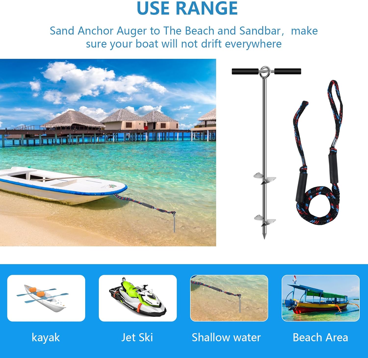 18"/24"/36" Sand Anchor,Chromium-Plated Steel Stainless Steel Boat Screw Anchor with Removable Handle,Boat Sand Anchor with Bungee Dock Line，Shallow Water Anchor for Jet Ski,PWC,Pontoon,Kayak,Canoe
