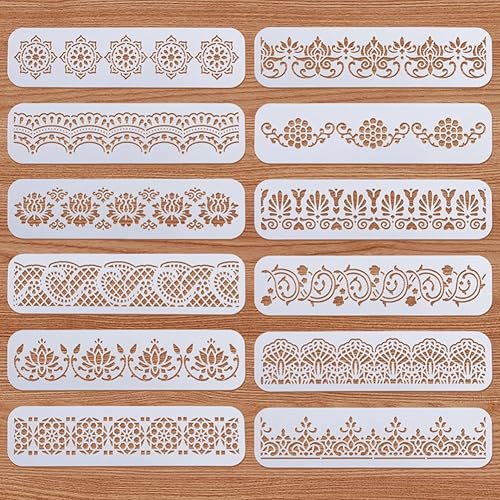 ORIGACH 12 plantillas de borde de flores, plantilla de PET con borde de mandala ornamentada para pintura de pared, plantillas de pintura con bordes