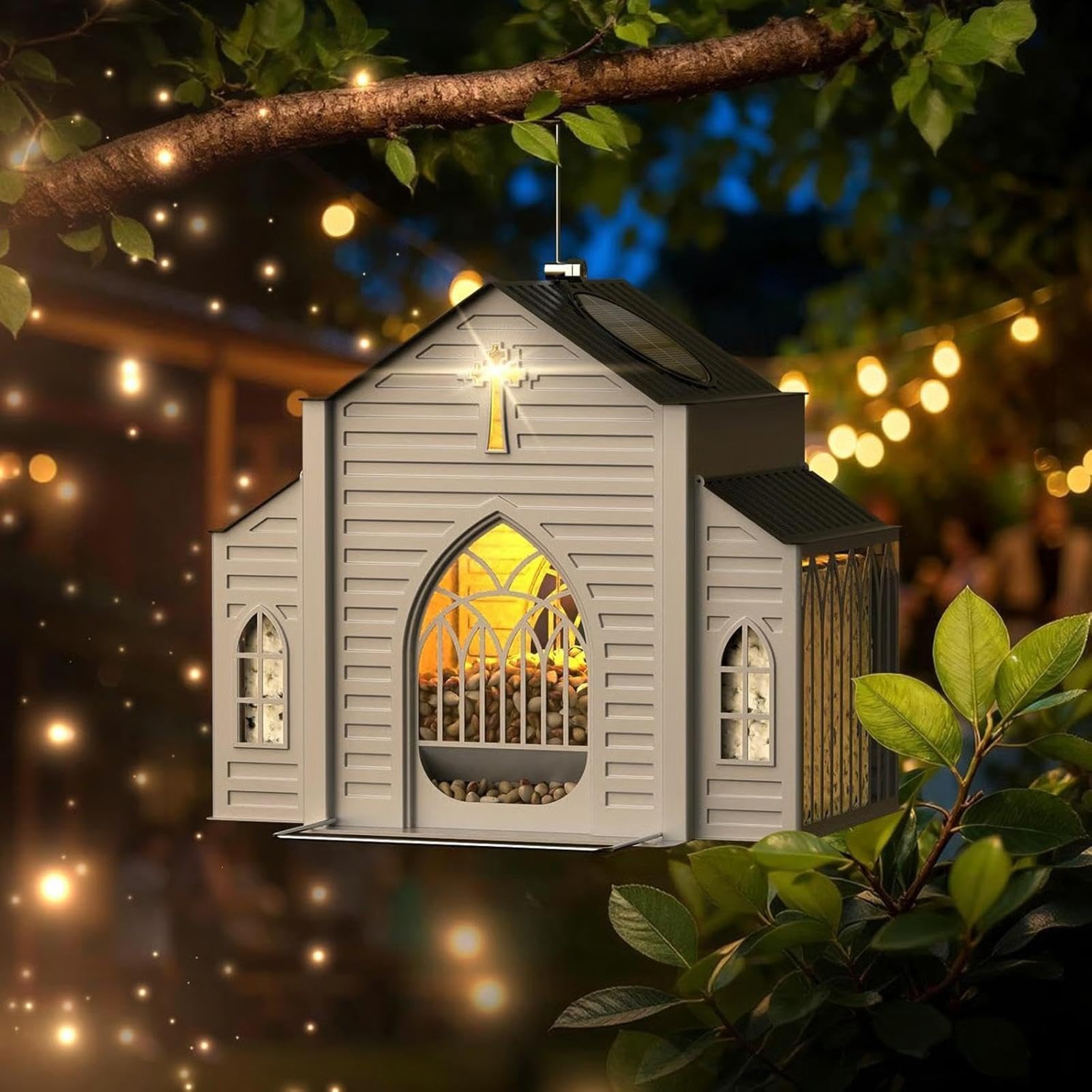 Mangiatoia per uccelli in metallo con luce solare, casa appesa esterna | Mangiatoia Decorativa Durevole Con Lampada Solare Integrata Perfetta Per Cortile, Patio, Balcone, Portico, Pe