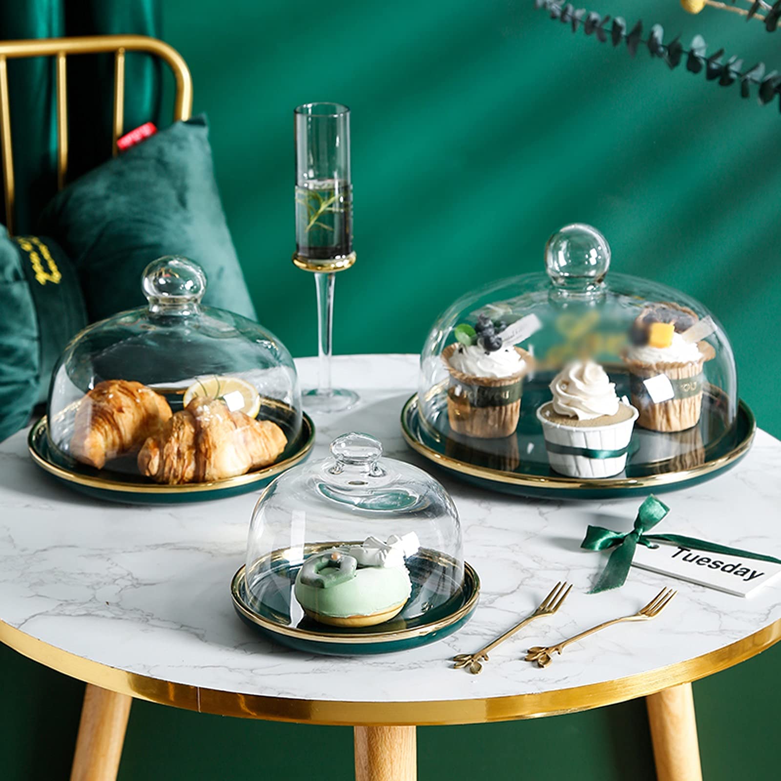 Soporte para Tartas Pantalla de Pastel Verde con Cubierta de Cristal Phnom Penh Cerámica Postre Mesa Multiusos Pastel Bandeja de pastelería for la Fiesta de té, Boda y cumpleaños Bandejas para Tartas