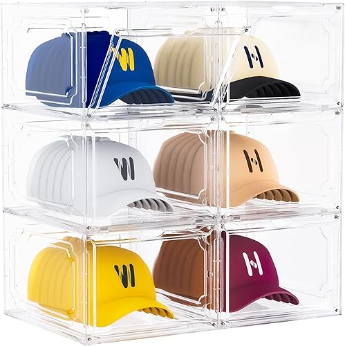 Paquete de 6 cajas organizadoras de sombreros para gorras de béisbol, estuche de almacenamiento de colecciones de sombreros de plástico transparente