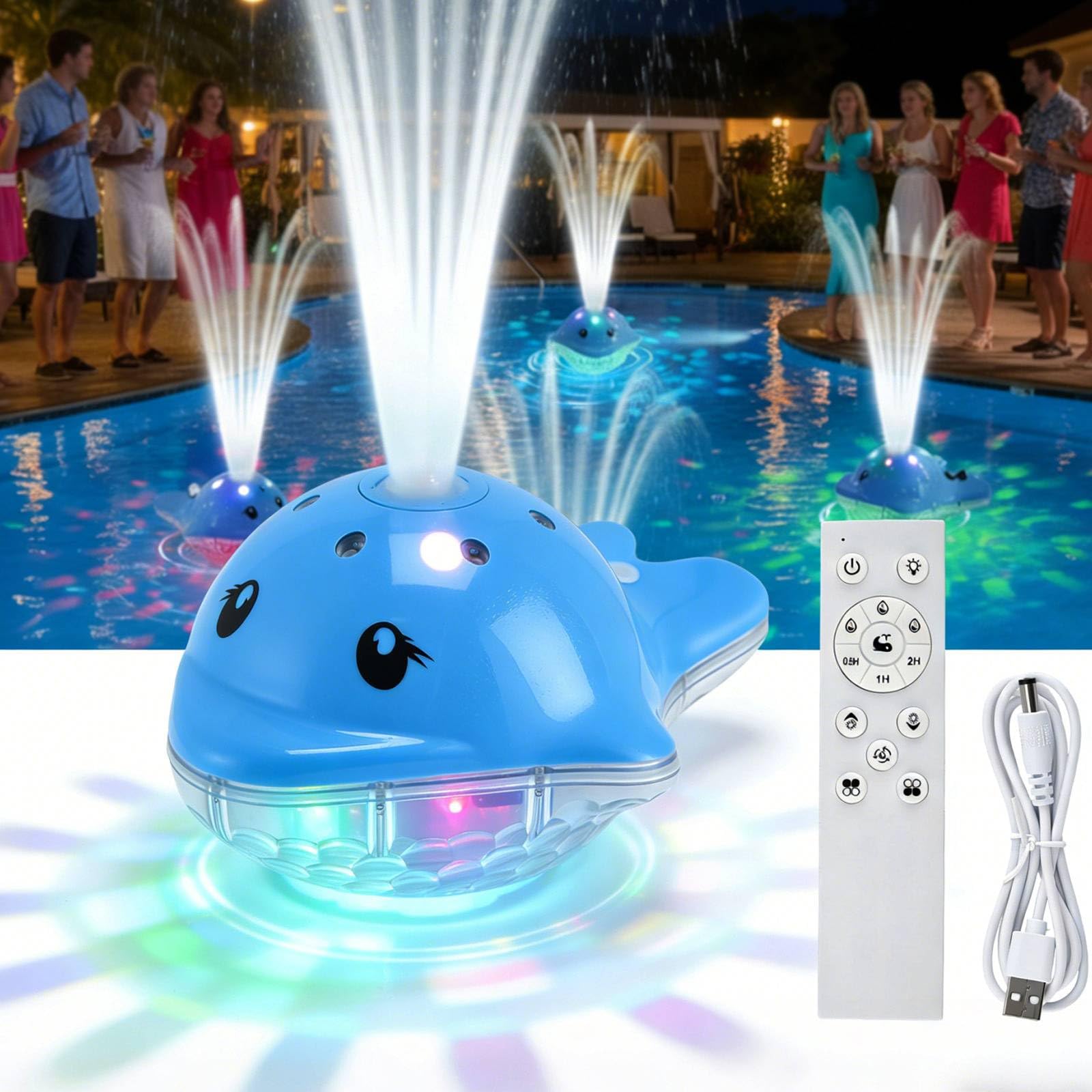 Fontaine Flottante pour Piscine avec Télécommande - Lampe de Piscine Rechargeable en Forme de Dauphin, IP68 Étanche, 12 Modes d'Éclairage et 3 Modes de Fontaine, Décoration pour Piscines, Bassin
