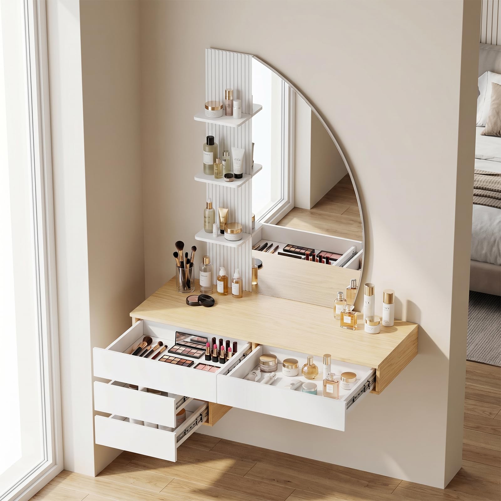 TRIUMPHKEY Tocador de Pared con Espejo en Forma de Media Luna y Luz LED Regulable, Mesa de Maquillaje Flotante con 4 Cajones y 3 Estantes, Tocador Moderno de Ahorro de Espacio para Dormitorio (Blanco)
