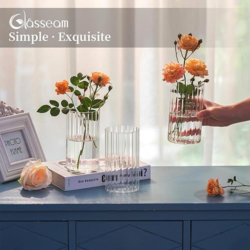 Miniatura 4 de Glasseam Candelabros de cristal de huracán 6 portavelas transparentes para velas de pilar acanaladas modernas, jarrones cilíndricos decorativos para