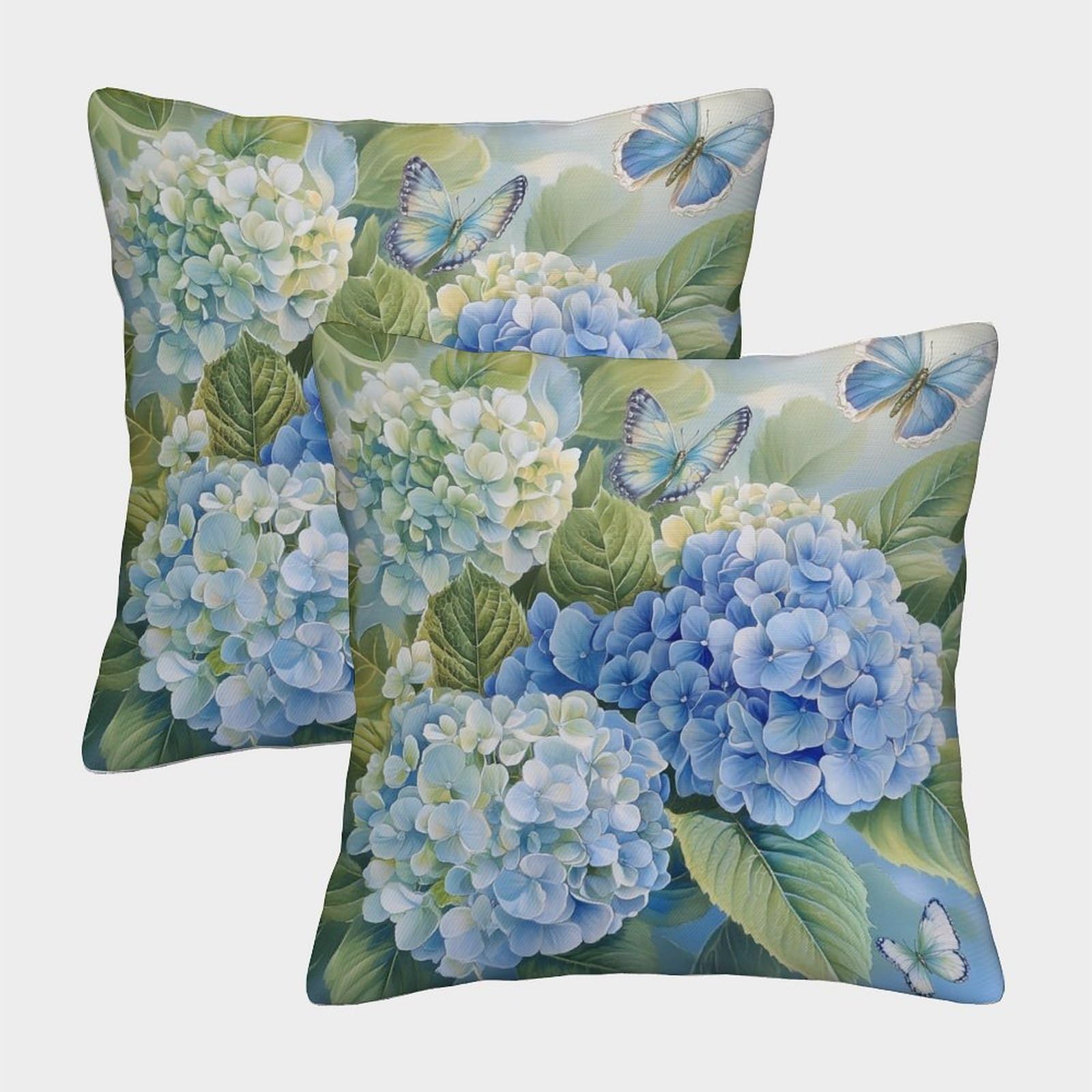 kaiyun 2 Pack Blue And Light Green Hydrangea,Butterfly Personalised Cushion Cover Home Sofa Decoration 40x40cm Pillow Covers