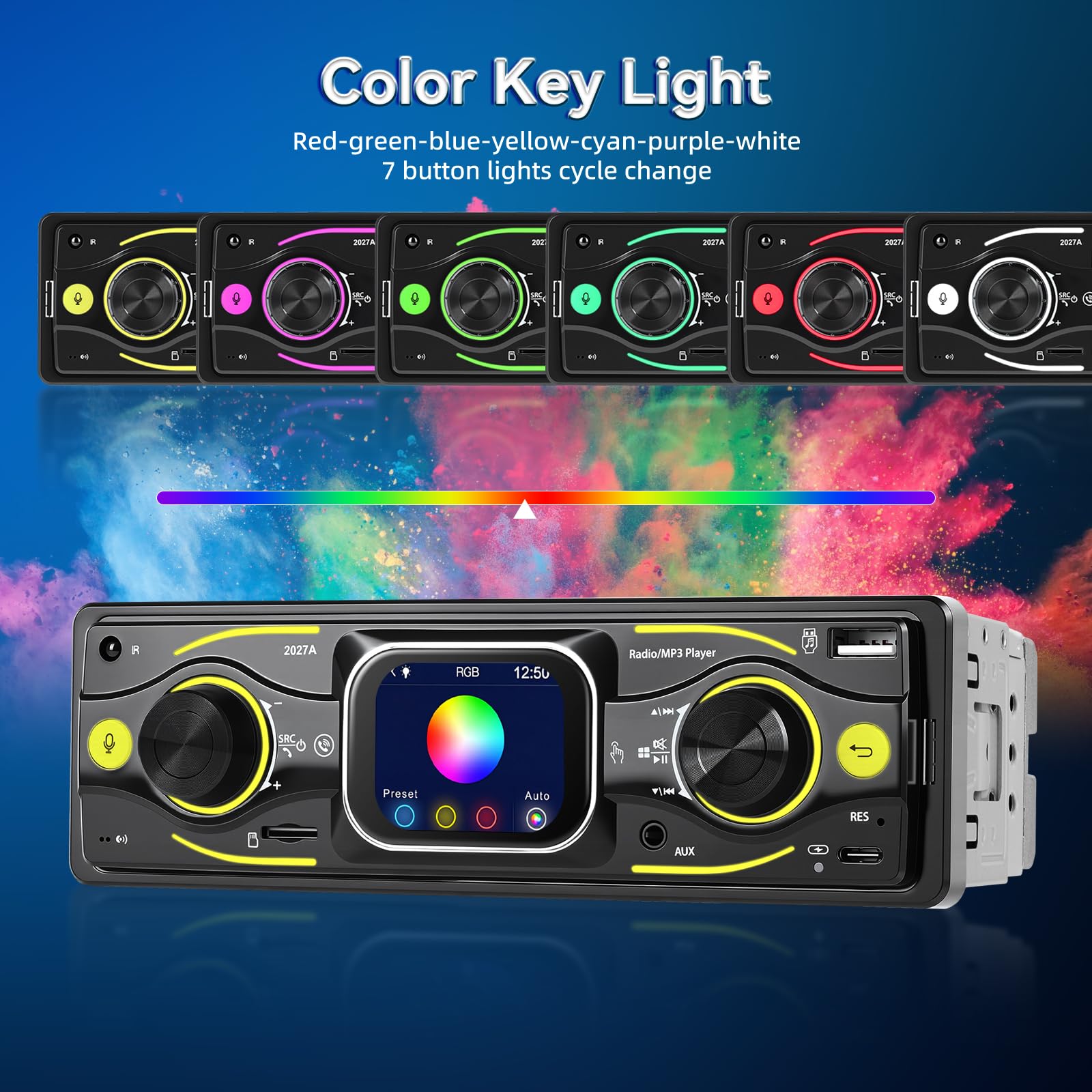 NHOPEEW Radio samochodowe 1 DIN z Bluetooth i ekranem dotykowym: odtwarzacz MP3 z FM, korektor, zestaw głośnomówiący, wejście USB/SD/AUX, ładowanie typu C, złącze ISO i kolorowe światła LED