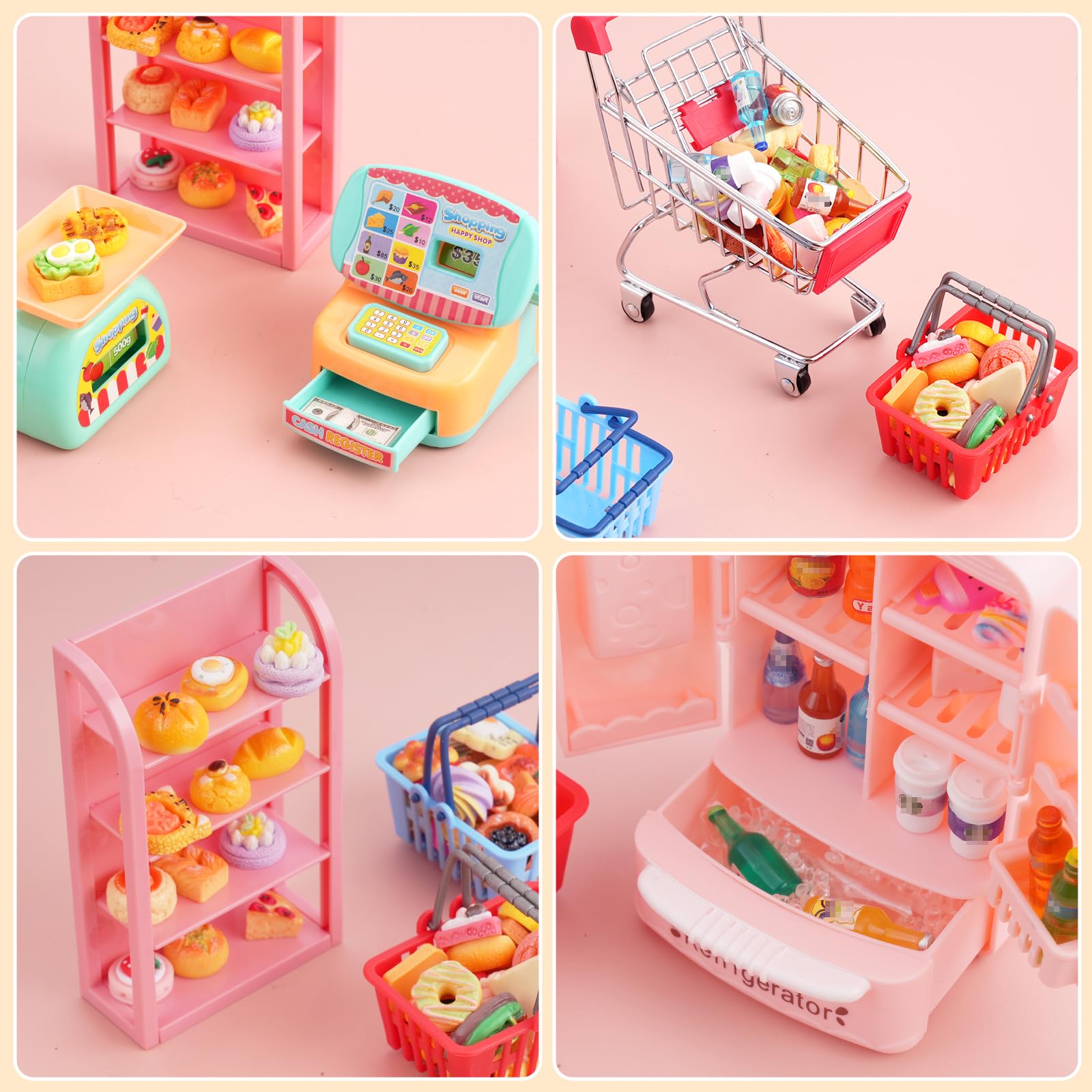 165 piezas de mini carrito y cesta de la compra en miniatura, juguete de alimentos y bebidas, supermercado, carrito de mano metálico, estantes, caja registradora, nevera, báscula de alimentos, carrito