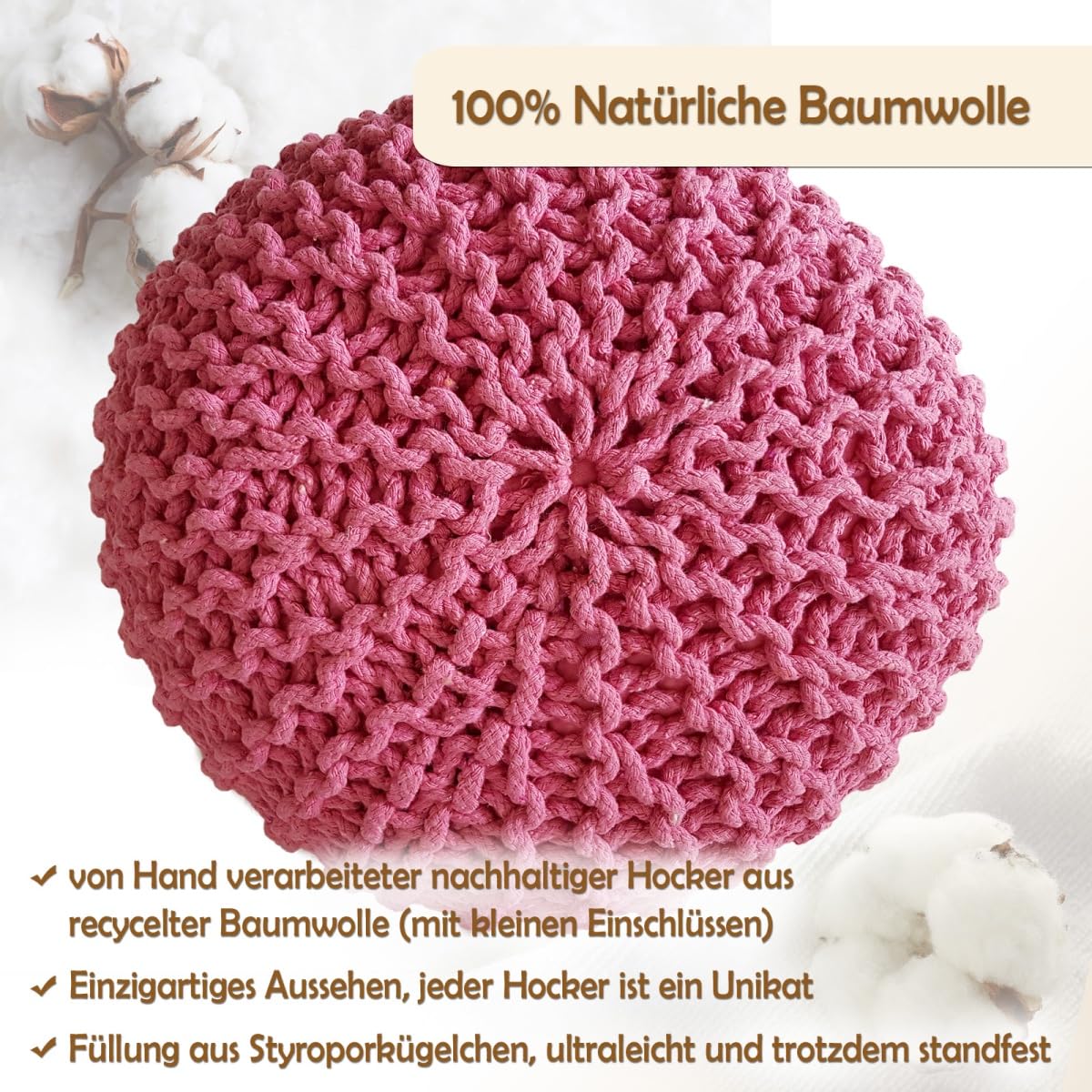 Strickhocker XXL Pouf Ø55 H37cm Bodenkissen Sitzpouf Baumwolle nachhaltig Farbe pink