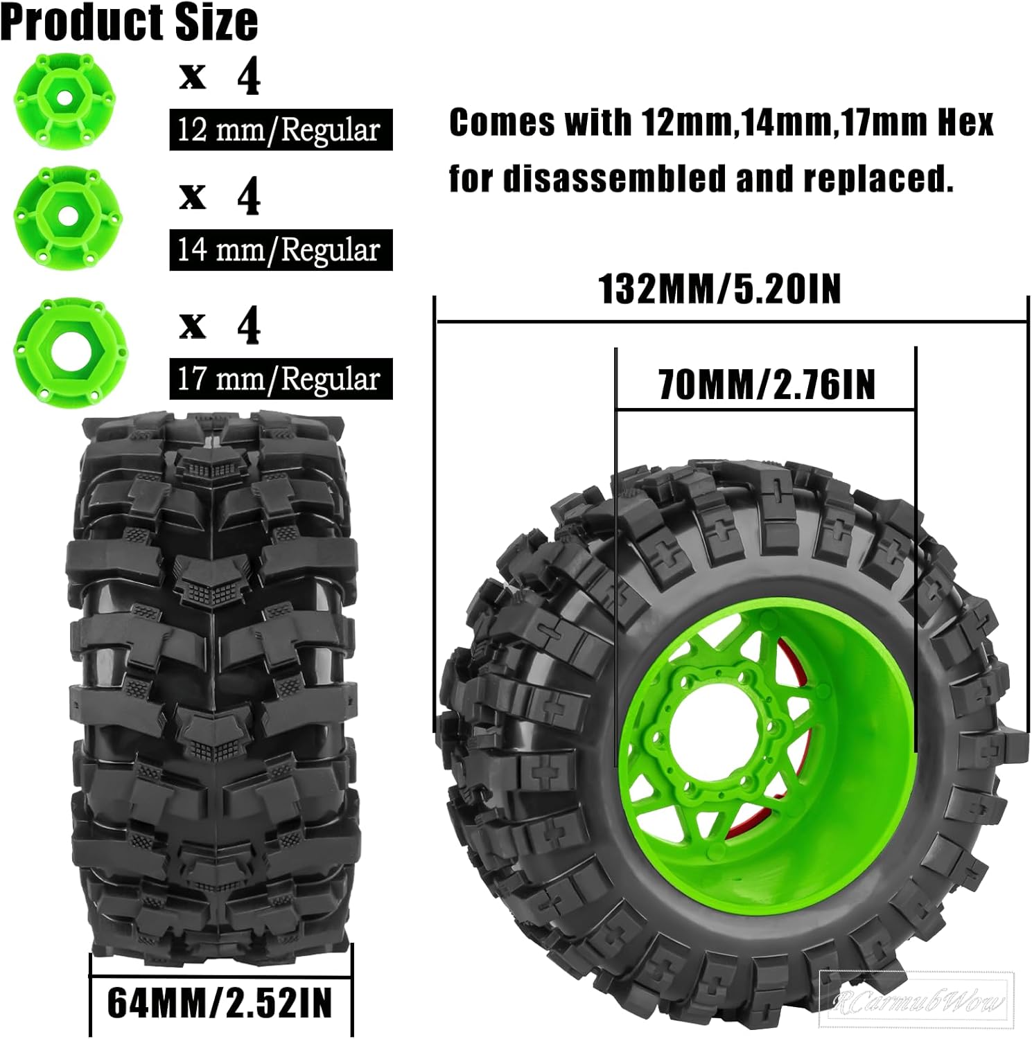 1/10 Scale RC Truck Tires,Wheels and Tires w/12/14/17MM Hex for Rustler Stampede Hoss,Arrm a Granite Vorteks Big Rock 3S,1/10 Off Road Tires Rubber Truck Tyres w/Foam Insert,Green w/Red