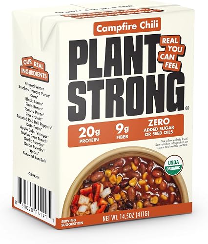 PLANT STRONG Organic Campfire Chili, 14.5 oz – High Protein Vegan Chili with Bla