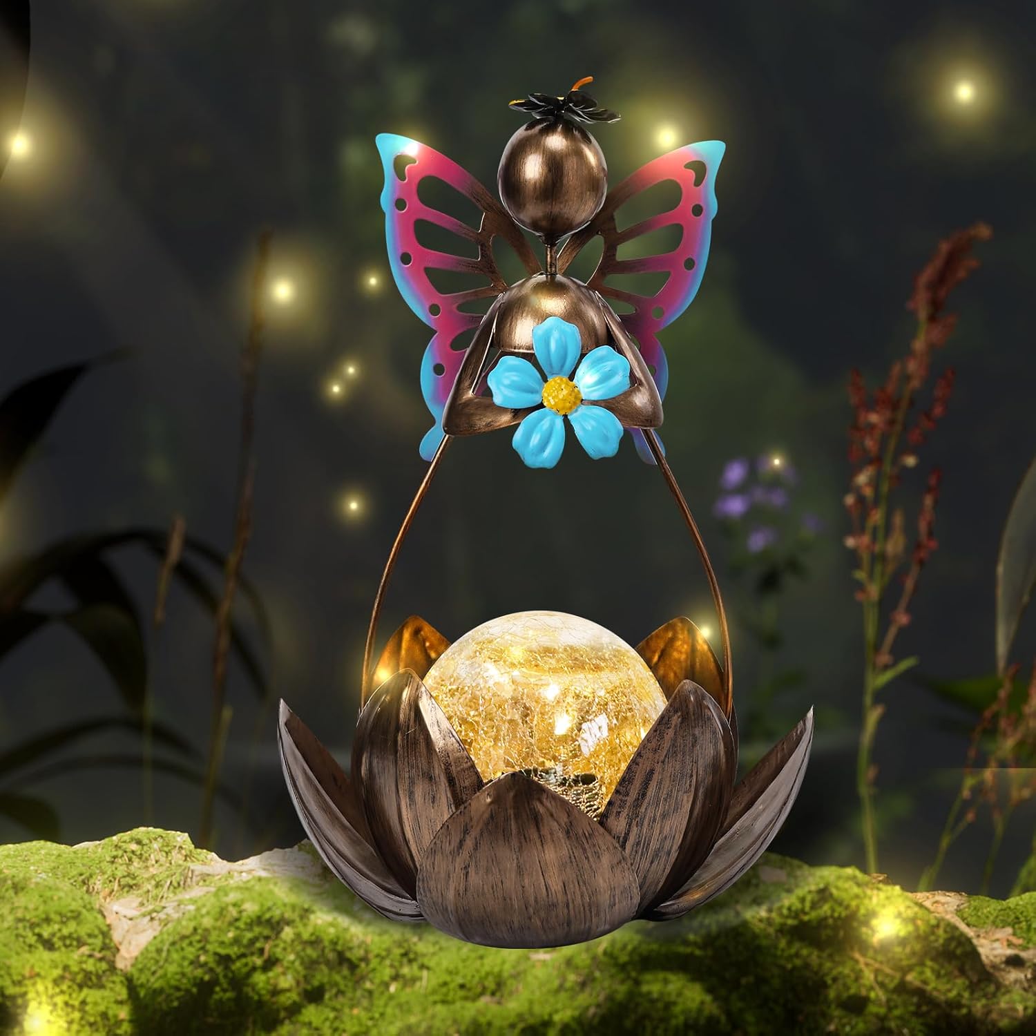 Afirst Solar Lights Outdoor, Solar Fairy Lotus Lamp Garden Decor Metal Crackle Glass Decorative Ball Waterproof Landscape Path Light LED Table Light for Tabletop，Patio,Lawn,Walkway,Tabletop,Pathway