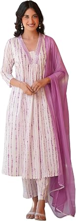 Janasya Indian Womens Cotton White Tie & dye Print Festive Wear Kurta Set for Women