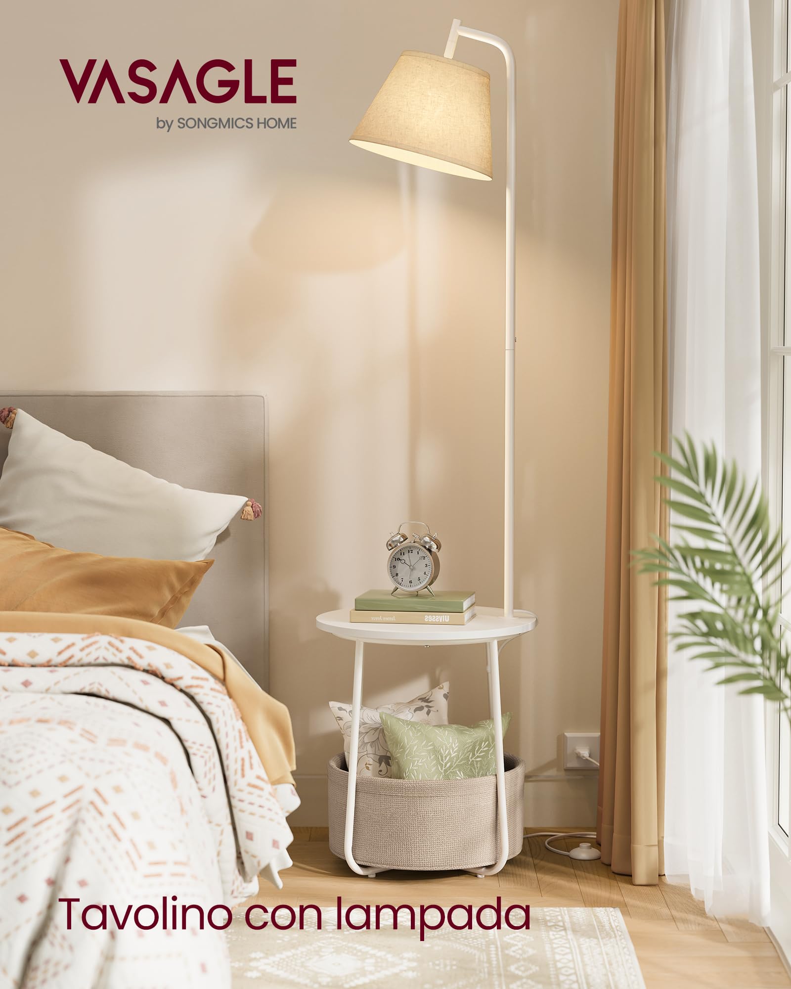 VASAGLE Tavolino con Lampada, Lampada da Terra 3 in 1 con Tavolino e Cesto in Tessuto da Soggiorno Salotto, Lampadina LED Regolabile Inclusa, Paralume ad Angolo, Acciaio, Bianco Opaco LFL004WC04