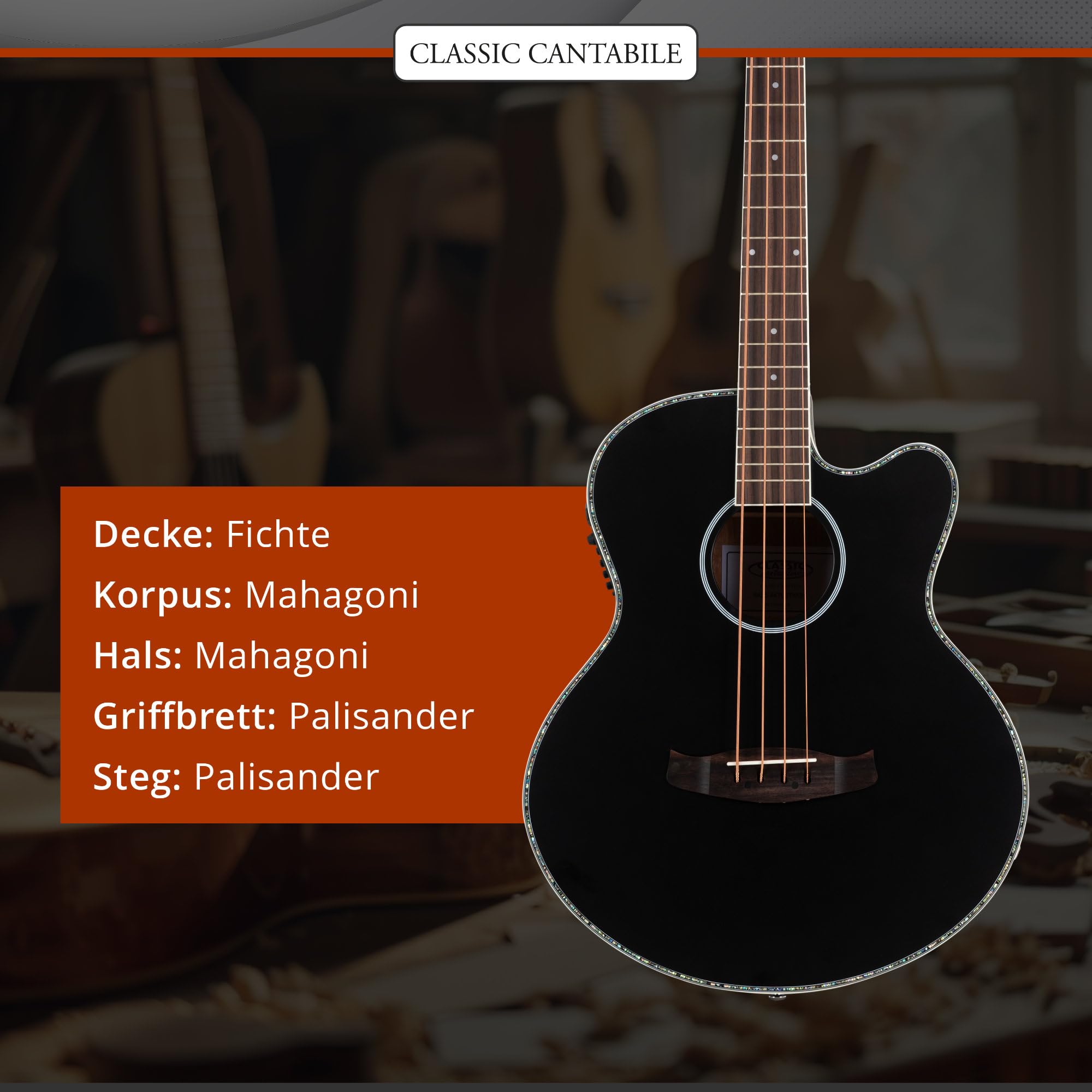 Classic Cantabile Jumbo Akustik Bass mit Tonabnehmer - 4 Saitige Bassgitarre - Jumbo mit Cutaway - Fichtendecke, Mahagoni-Korpus, Mahagoni-Hals, Palisander-Griffbrett - Farbe & Finish in Schwarz Matt