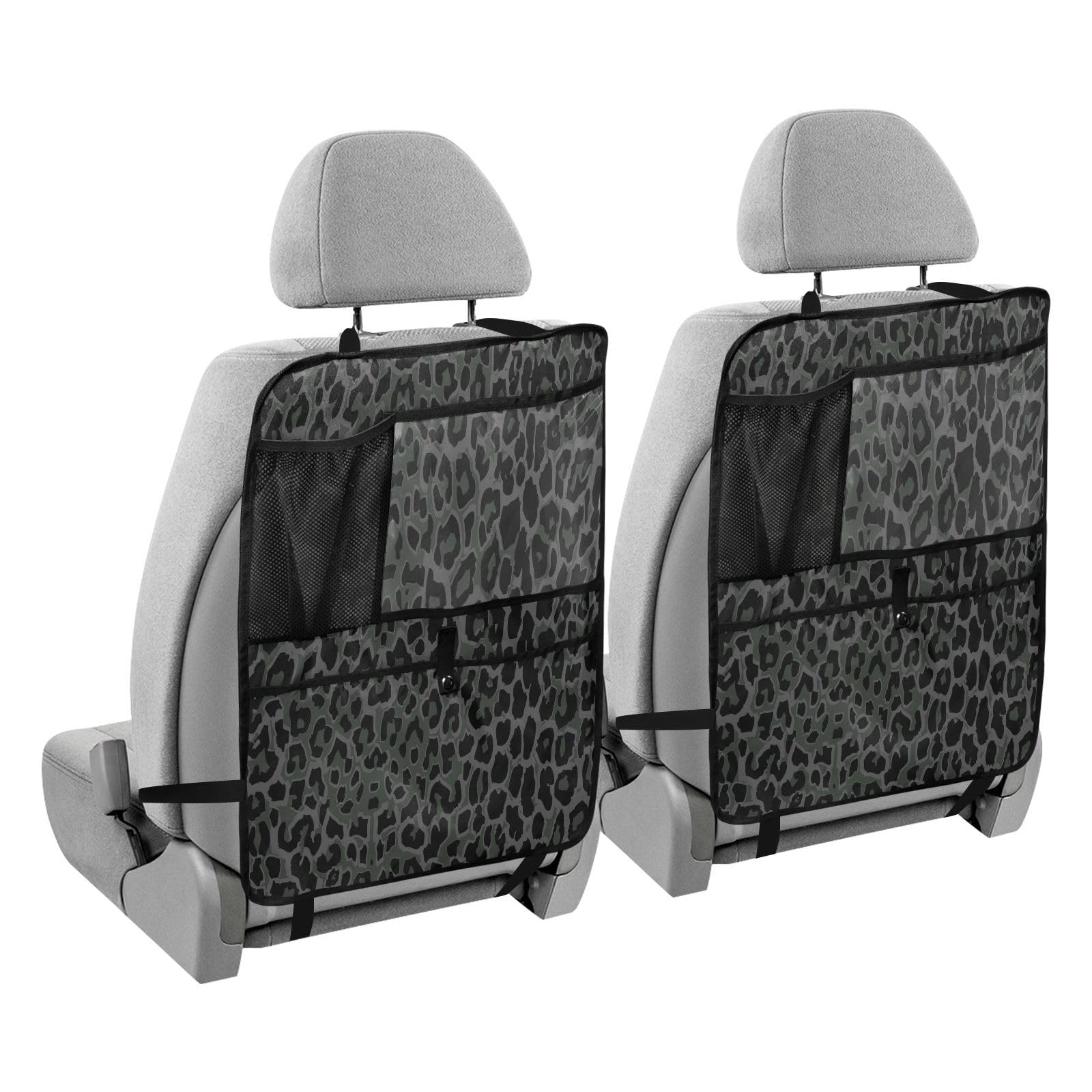 YETTASBIN Leopard Black Car Backseat Organizer for Kids, Kick Mats Back Seat Protector with Clear Tablet Holder & Storage Pockets for Snacks Drinks, Travel Accessories for Most Vehicle, 2 Pack