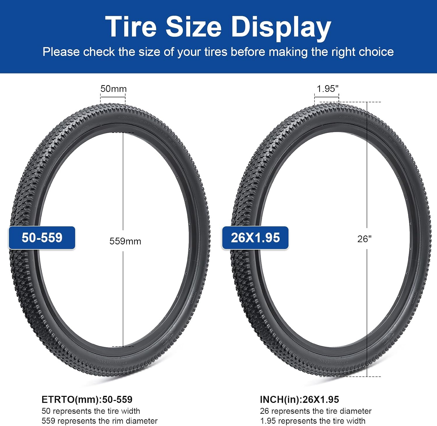 26x1.95 (50-559) Bike Tire 26 inch Bicycle tire Suitable for 26x1.90 26 x 1.95 26x2.0 Gravel/Off Road/Mountain Folding Replacement Bike Tire (Single)