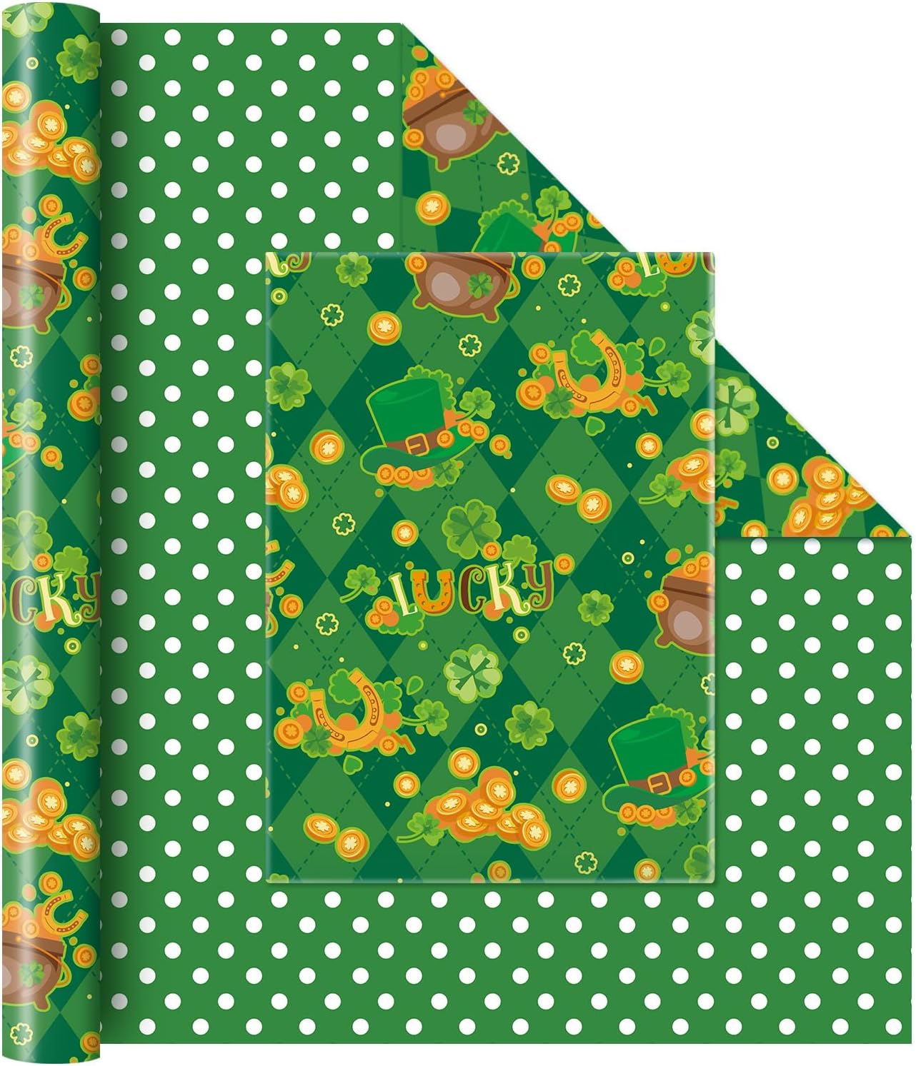 WERNNSAI Green Shamrock Gift Wrapping Paper Roll - 1 Roll 17”x 33 ft Wrapping Paper for Kids, Green Shamrock Wrapping Paper with Gold Coins Pattern, Baby Boy Party Decor Favors