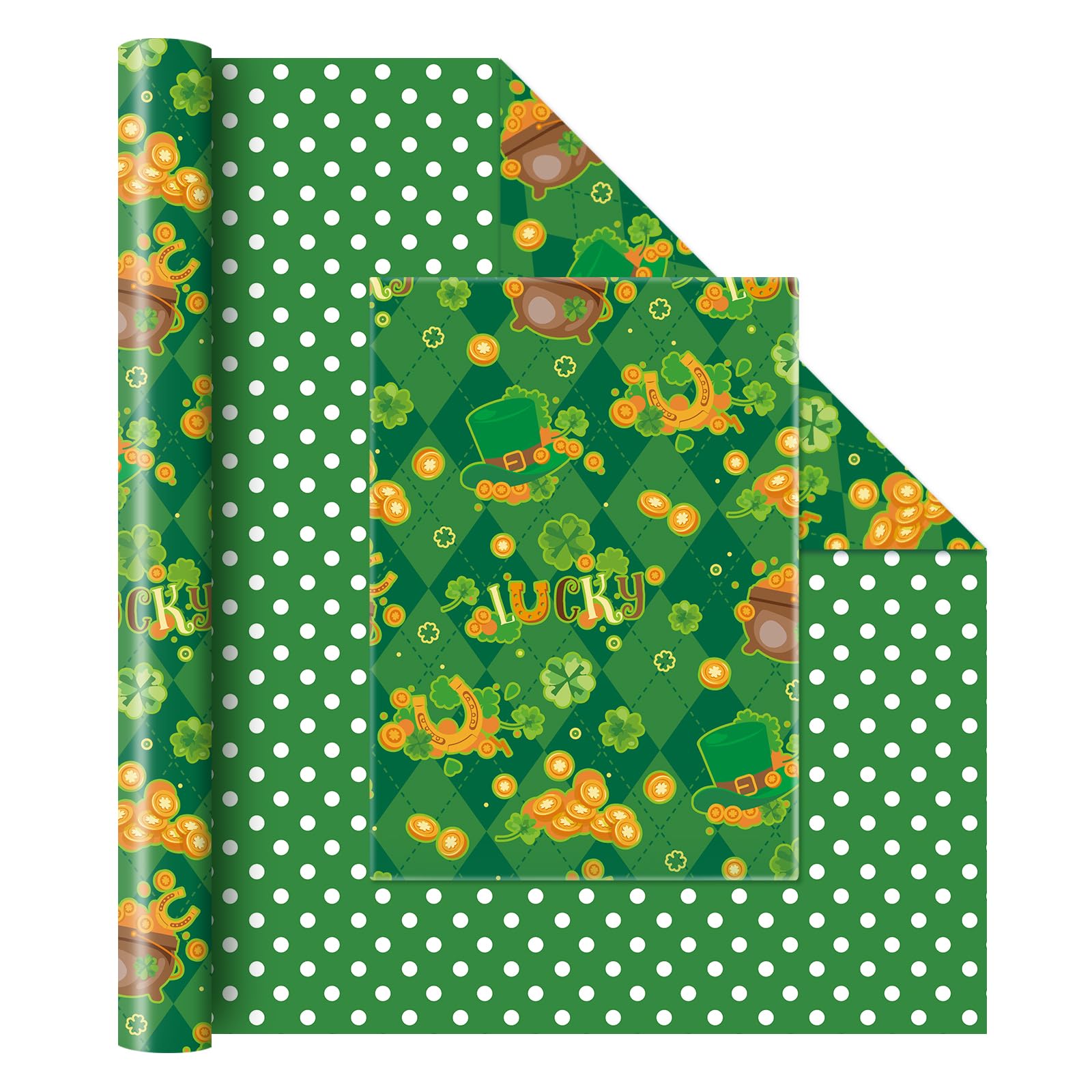 WERNNSAI St Patricks Day Lucky Wrapping Paper Roll - 1 Roll 17”x 33 ft St Patricks Day Gift Wrapping Paper for Kids Green Shamrock Wrapping Paper Leprechaun Gold Coins Baby Boy Party Decor Favors