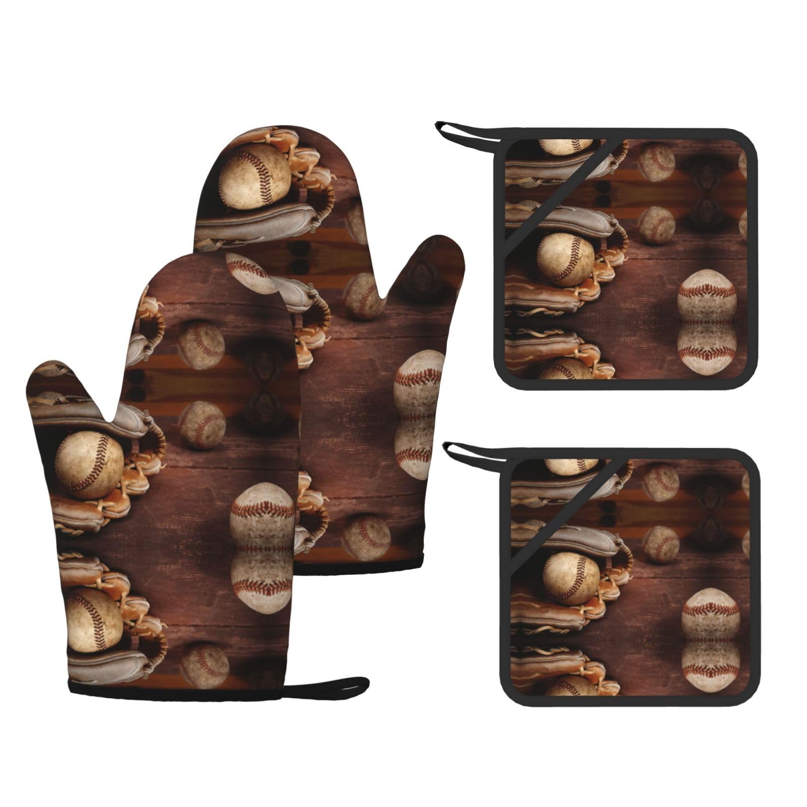 Baseball Printed Pot Holders and Oven Mitts 4-Piece, Non-Slip Kitchen Gloves with Utensil Pocket for BBQ