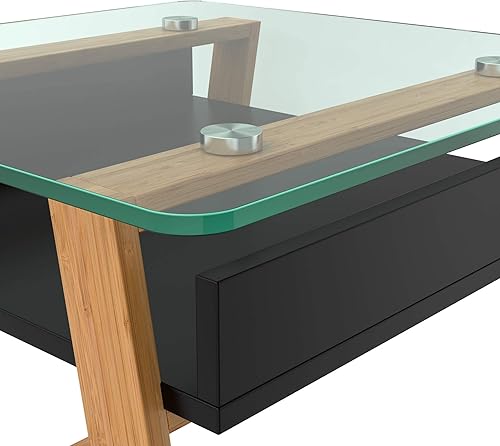 Miniatura 7 de bonVIVO Pablo - Mesa auxiliar negra – Mesa auxiliar cuadrada de madera con parte superior de cristal, elegante mesa de sala de estar, mesita de
