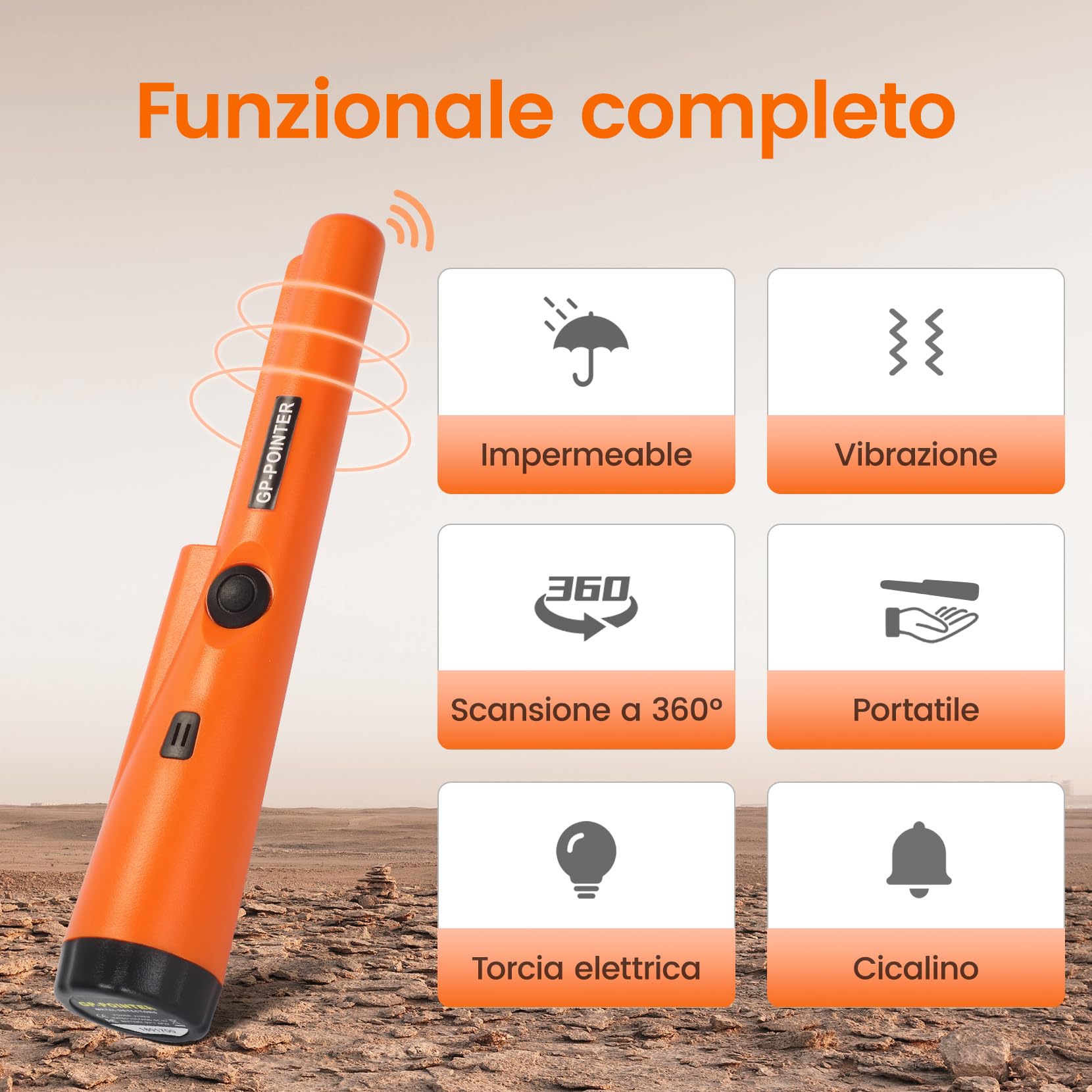 Pinpointer - Rilevatore di metallo impermeabile IP68, rilevamento completo a 360°, con vibrazione audio, accessorio professionale per la ricerca del tesoro, con batteria da 9 V, fondina, nastro di