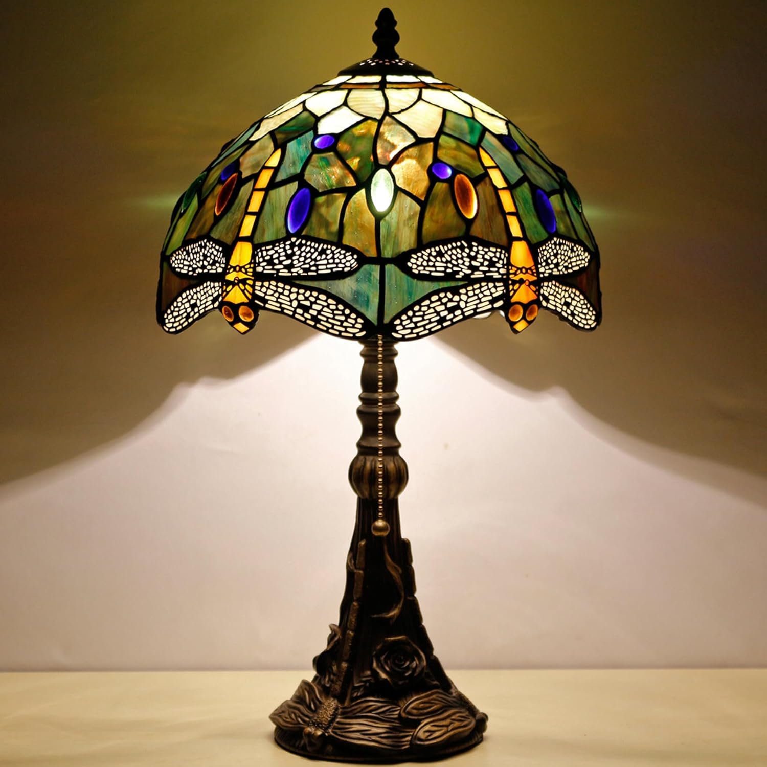 Tiffany Table Lamp Stained Glass Lamp 12X12X19 Inch Antique Reading Light (Amber Yellow Dragonfly)