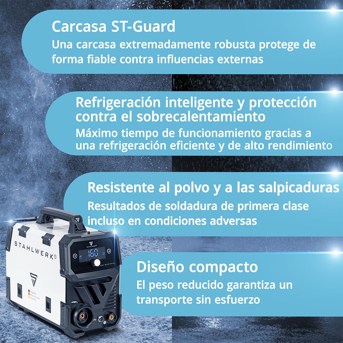 STAHLWERK Soldadora FLUX 160 ST Digital – combinada 3 en 1 con 160 A | Equipo completo con carro