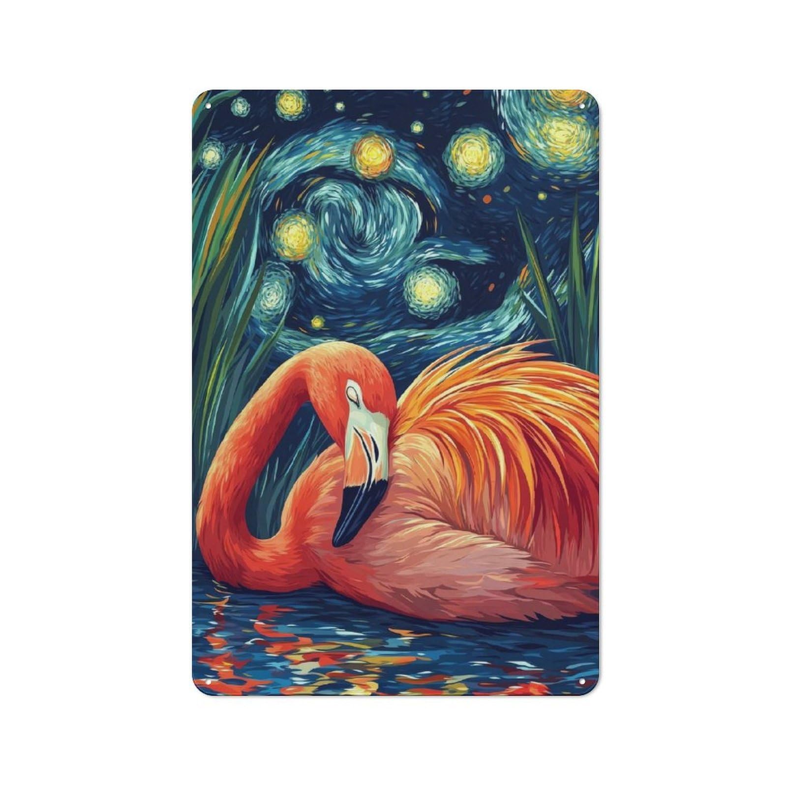 Junmoney Style-13 For Hobby Room Or Studio, Flamingo Night Sky Retro Tin Sign 30X20cm, Gift For Creative Interior Collectors During The Christmas Season