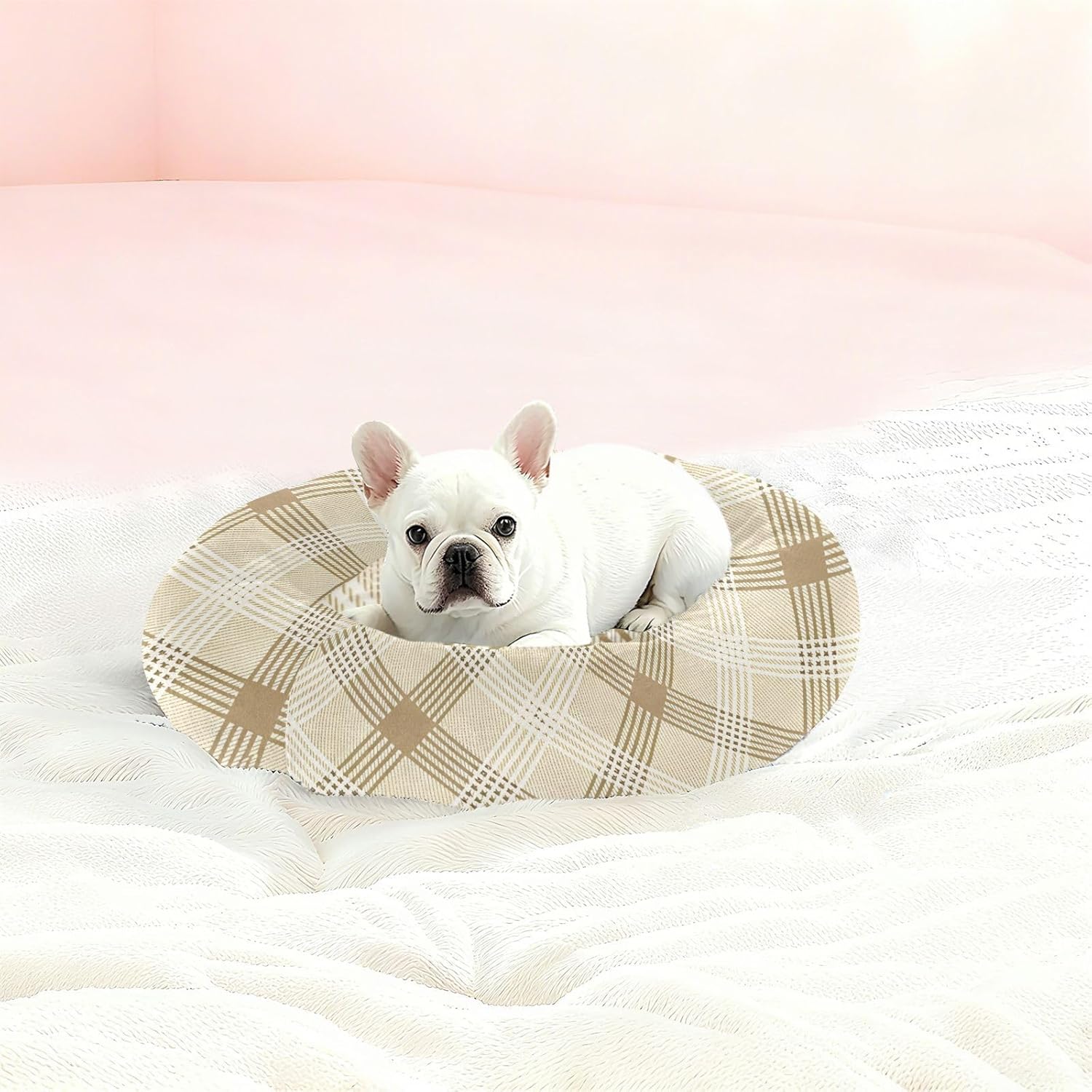 Dog Bed Ultra Soft Fluffy Comfortable Cat Bed, Plaid Netural Washable Dog Beds Anti-Slip Round Pet Beds for Medium Dogs