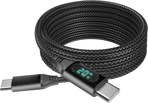 BoxWave Cable Compatible with Pinnaco OS7071 eReader (6 in) - PowerDisplay PD Cable (6ft) - USB-C to USB-C (100W), LED Wattage Info Extra Long Braided Nylon - Jet Black
