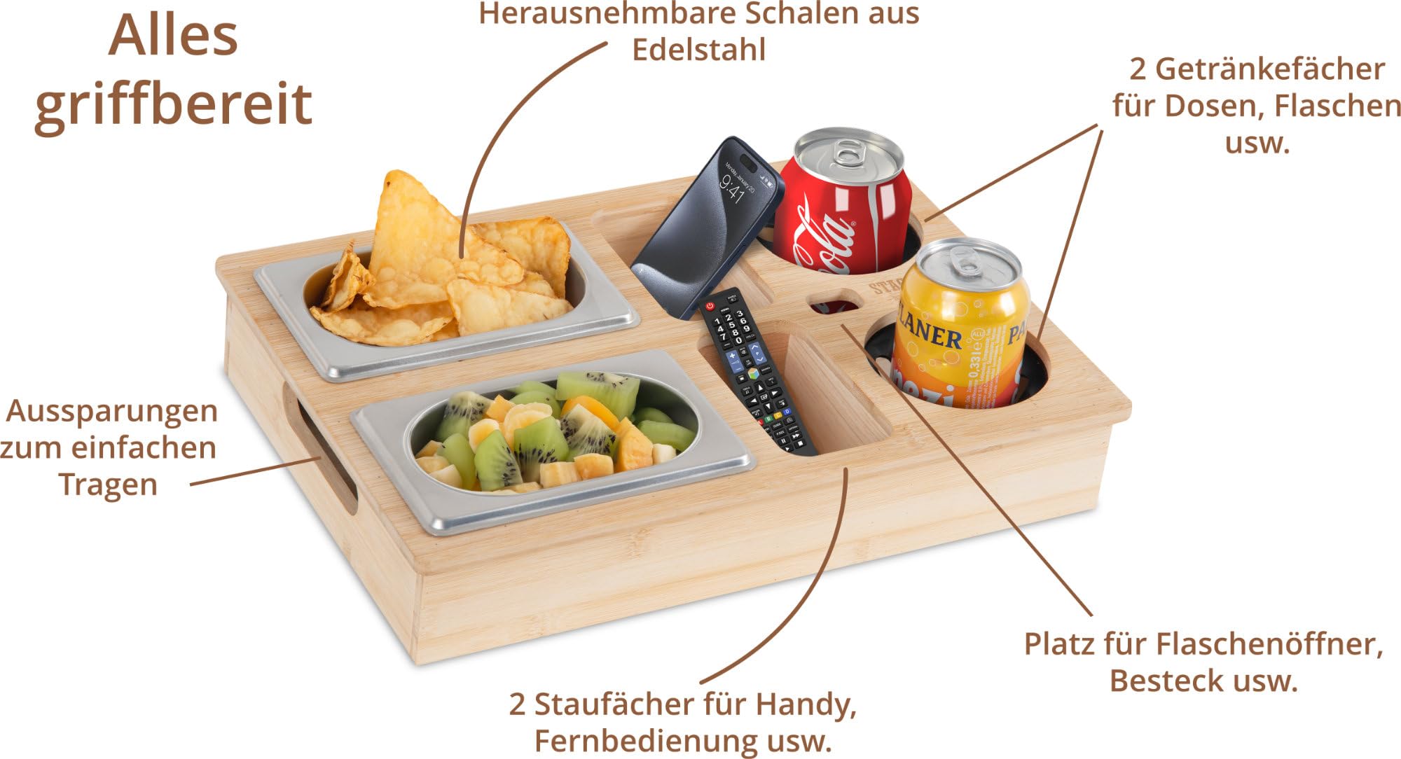 Stagecaptain CBW-45 NT Couchbar - Snackbar aus Bambus für Wohnzimmercouch - Praktische Griff-Aussparungen - 7 Staufächer für z. B. Snacks und Getränke sowie Flaschenöffner - Becherfixierung aus Gummi