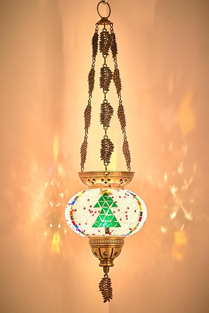 DEMMEX Turkish Moroccan Colorful Mosaic Christmas Theme Holidays Hanging Candle Holder Lantern with Handmade Colorful Mosaic Glass Globe and Metal Leaf Chains, 24" (Xmas 2024)