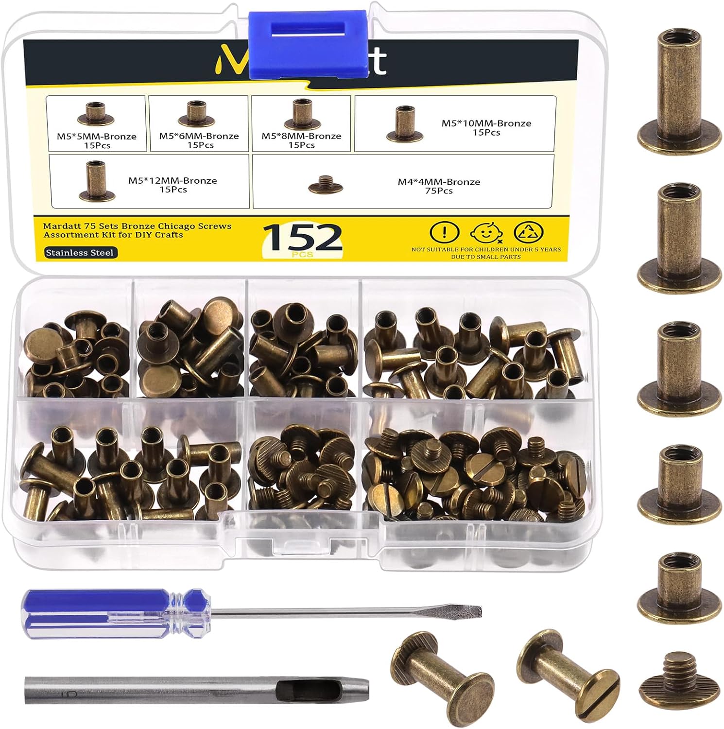 152Pcs 5 Sizes Chicago Screws with Punch and Screwdriver, M5 x 5/6/8/10/12MM Carbon Steel Chicago Rivets, Bronze, Flat Head Leather Rivets for DIY Leather Repair