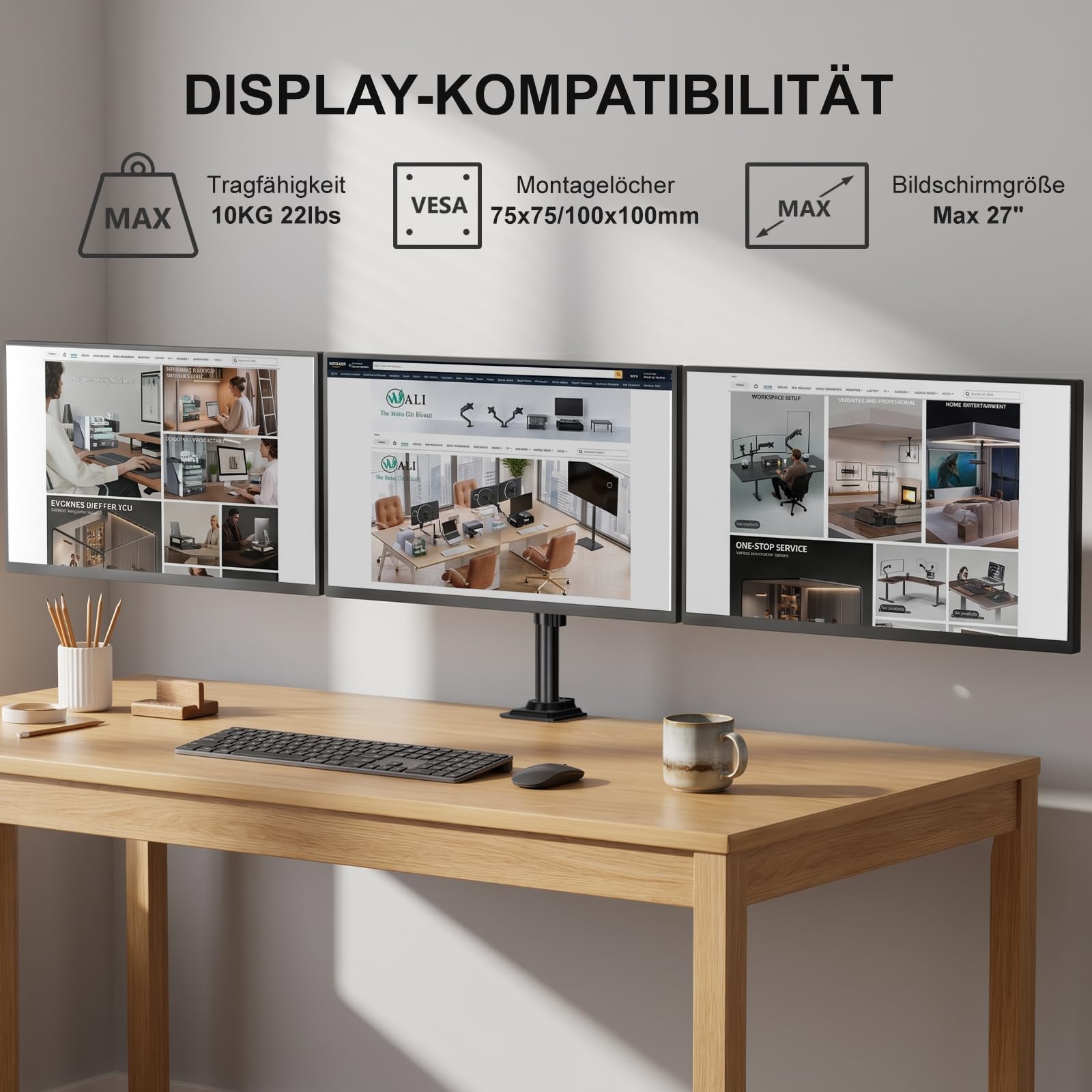 WALI Monitor Halterung 3 Monitore für bis 27 Zoll Bildschirm,Voll Verstellbare Triple Monitor Halterung, Monitorhalterung 3 Monitore 7 kg pro Arm,VESA 75/100 (M003S), Schwarz