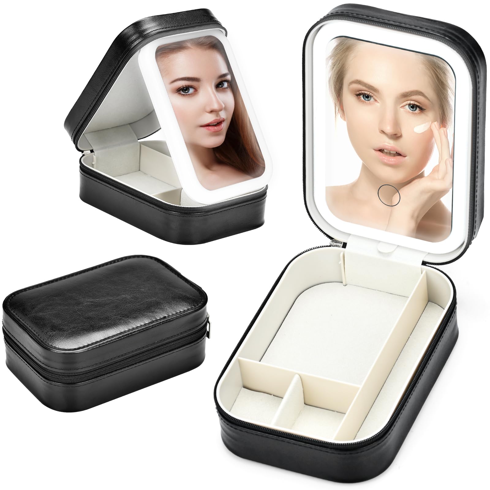 ALFFREUDE Bolsa de Maquillaje con Espejo y Luz, Maletín Maquillaje con LED Espejo, Caja Organizadora de Maquillaje Portátil con 3 Luces de Relleno De Color con Separadores, Negro