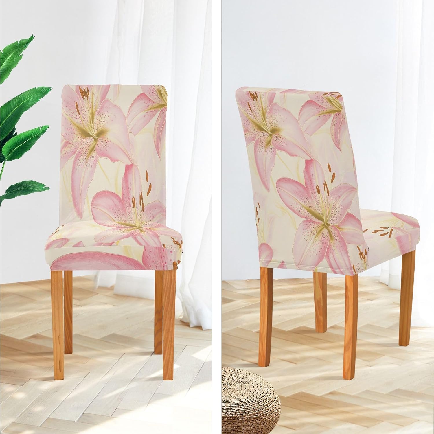 ALAZA Chair Covers for Dining Room, Pink Golden Cute Lily Stretch Chair Cover Sets Chair Protector Removable Washable for Ktichen Restaurant Hotel