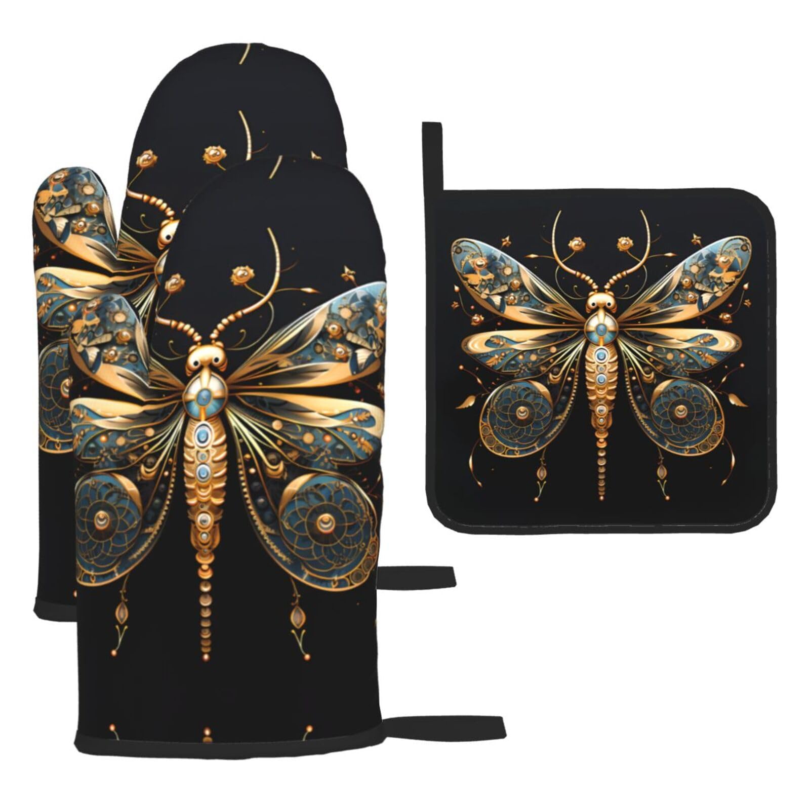Golden Delicate Dragonfly on Black Background Oven mittens and oven mitts three-piece set suitable for oven, grilling, baking, microwave and home cooking.