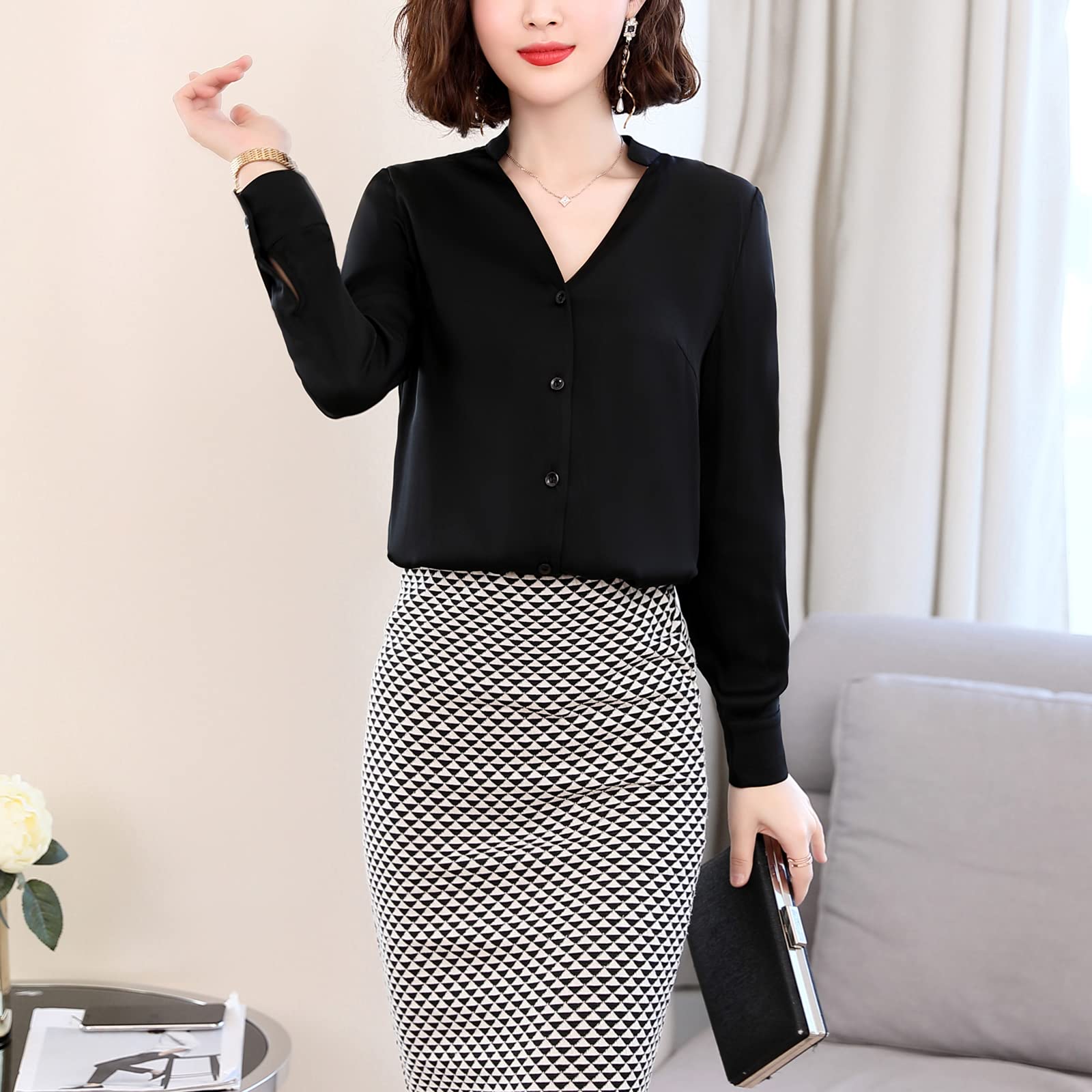 Valin Blusa de seda para mujer Camisa Sólido Botón Abajo Camisas Blusa de Manga Larga Cuello en V Blusa de Seda,S1902