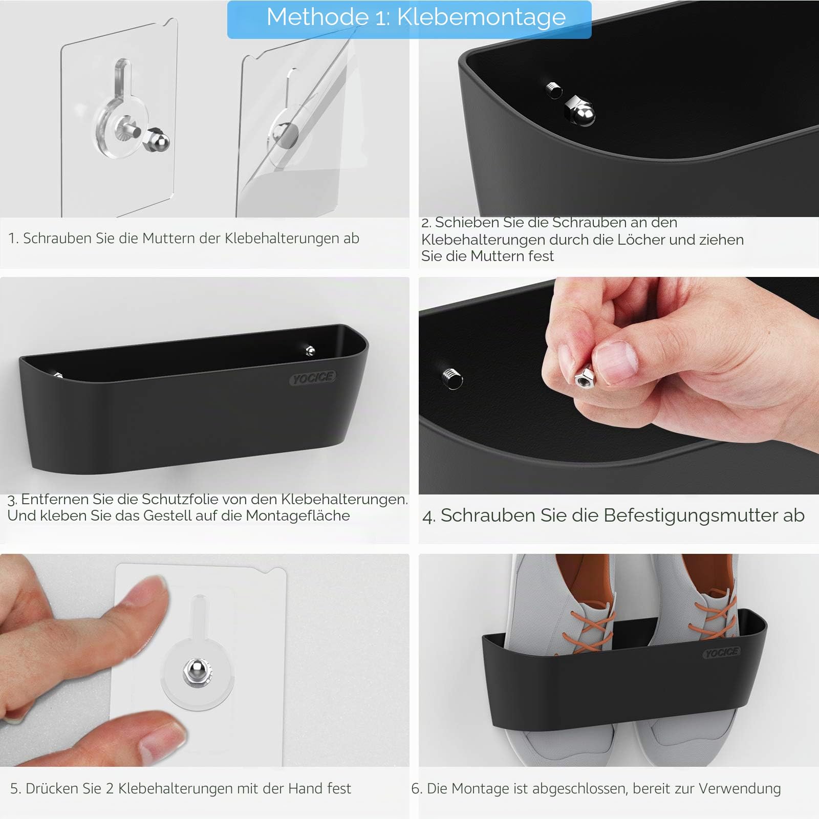 Schuhregal zur Wandmontage, 2 Stück, mit Klebestreifen zum Aufhängen, Kunststoff, Schuh-Organizer, Tür-Schuhaufhänger (SM03-Black-2)