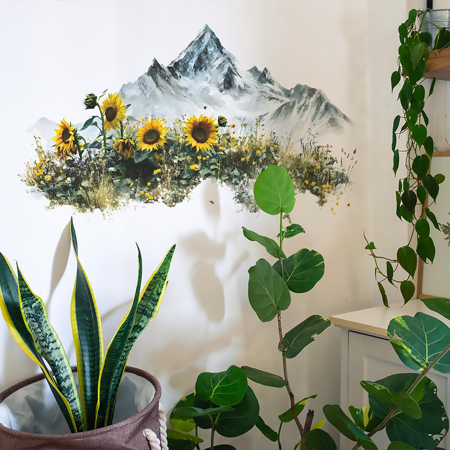 Mountain Wall Decals Summer Sunflowers Wall Stickers Peel and Stick Removable Vinyl Nature Wallpaper Art Sticker Decal for Kitchen Living Room Bedroom