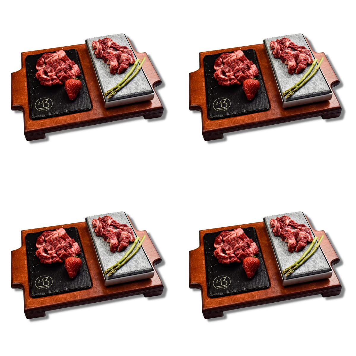 Piedra para asar carne de 10x20 cm Modelo Menú caoba con Plato de Pizarra de 13x20