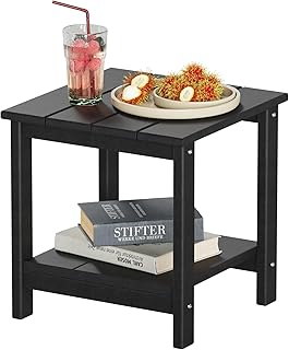 HOME BI Outdoor Side Table, (HDPE) Wood Square Furniture Small Coffee Side end Table,Double Layer Waterproof Side Table,for Patio, Backyard, Pool,Bedroom, Living Room,Indoor Outdoor,Black