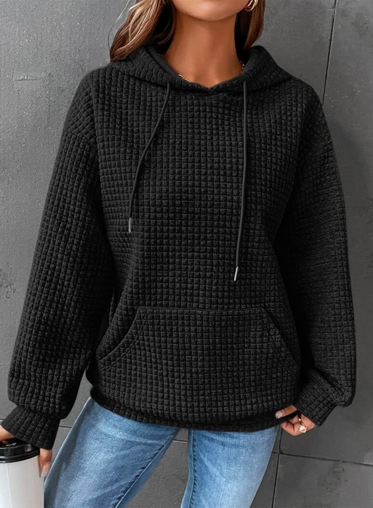 Dokotoo Kapuzenpullover Damen Hoodie Waffel Pullover mit Taschen Kordelzug Sweatshirt Einfarbig Langarmshirt Lässig Oberteile S-XXL